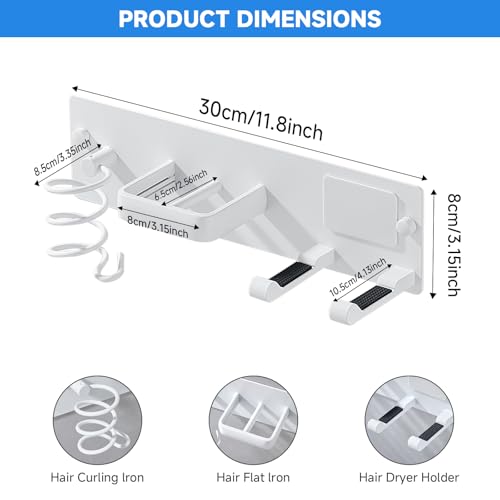 Hair Dryer Holder Wall Mounted,Blow Dryer, Curling Iron, Straightener Holder 3 in 1 Bathroom Metal Hair Tool Organizer Rack-Matte White-2