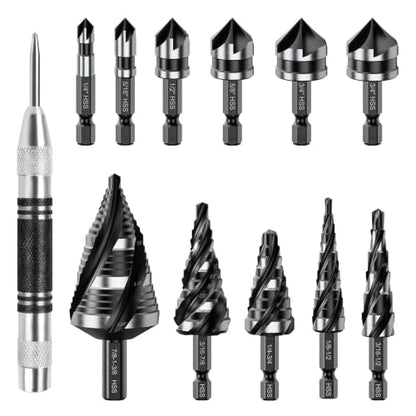 MABLEVI 12 Pcs HSS Four Spiral Flute Step Drill Bit & Countersink Set - size: 12 Pieces