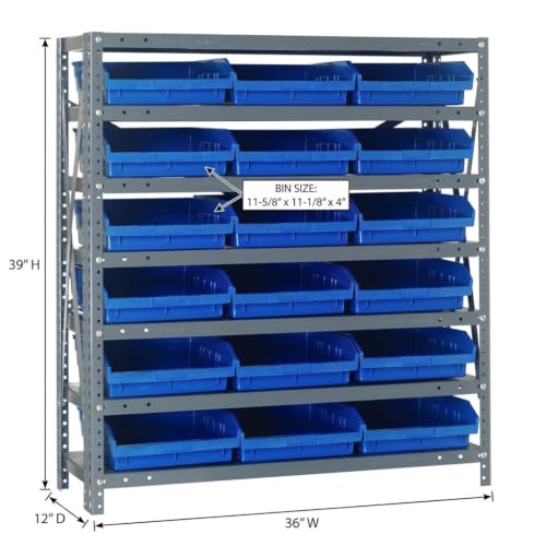 Quantum Storage Systems 1239-109BL Steel Shelving Unit with 4" Shelf Bins, 12" D x 36" W x 39" H, Blue - size: 39" H x 36" W x 12" D, style: 12" L x 12" W x 4" H 18 Economy Blue Bins
