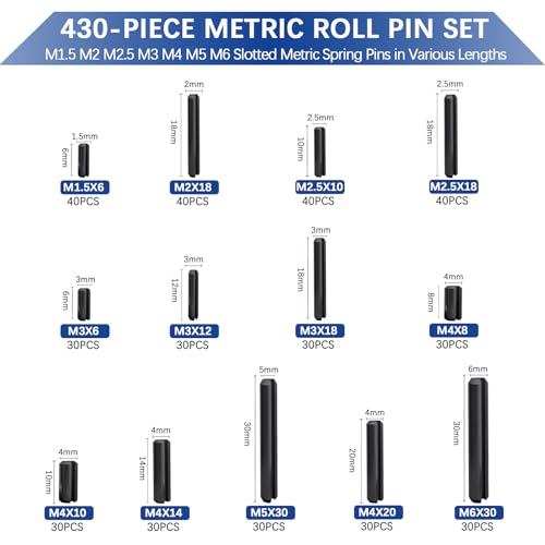 Metric Spring Pins, 430 Pcs Roll Pin Set, Slotted Spring Pins - size: 430pcs Metric Roll Pin