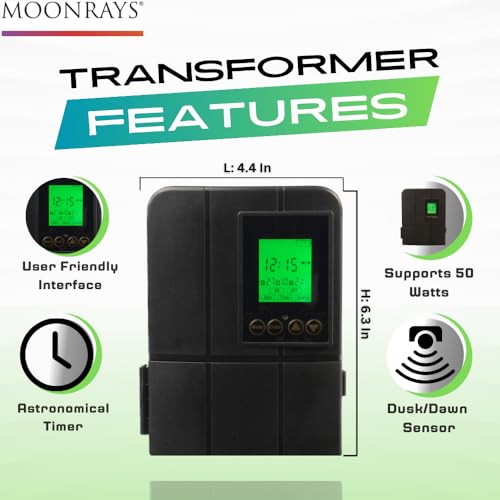 Moonrays 50W Low Voltage Landscape Transformer with Astronomical Timer, Dusk/Dawn Weather Resistant Outdoor LED Power Lighting Transformers for Bright Pathway, Garden, Driveway Lights, CETL Approved