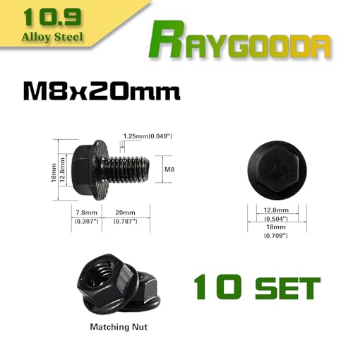 M8-1.25x20mm Flange Bolt and Nut Kit 10set- Grade 10.9 Alloy Steel,Black Zinc, Full Thread, Serrated Self-Locking, Vibration Resistant for Automotive, Machinery & Heavy Duty - size: M8x20mm(10 Sets)