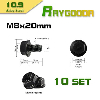 M8-1.25x20mm Flange Bolt and Nut Kit 10set- Grade 10.9 Alloy Steel,Black Zinc, Full Thread, Serrated Self-Locking, Vibration Resistant for Automotive, Machinery & Heavy Duty - size: M8x20mm(10 Sets)