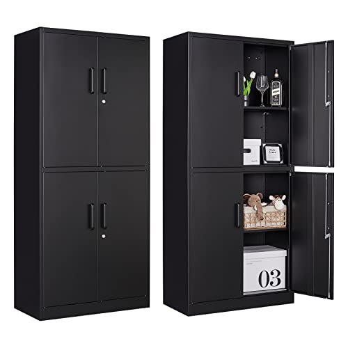 Metal Storage Cabinets with Locking Doors,71" Tall Garage Cabinet with 3 Adjustable Shelves, Lockable Steel Office Storage Caninet Tool Caninets for Home Office,Garage, Pantry - color: Black, size: 71"H x 32"W x 16"D-D