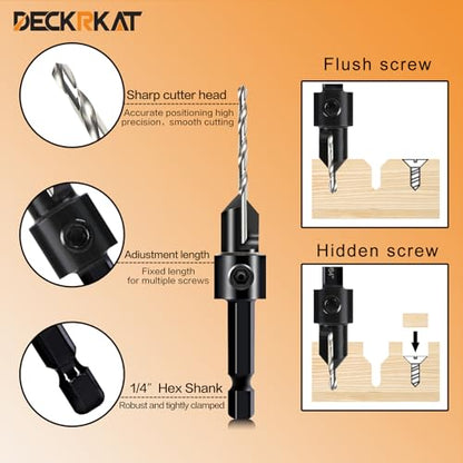 DECKRKAT 12-Piece Countersink Drill Bit Set - 3-in-1 Wood Counterbore Kit for #6#8#10#12#16 Screws | 82° Chamfer, Depth Adjustable | 5 Spare Bits,2 Limit Rings,Hex Key,Case. - size: 12 Pack Countersink Drill Bits