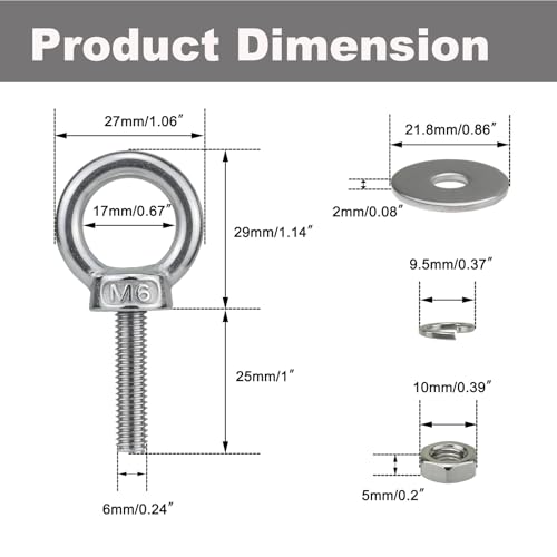 M6 Stainless Steel Lifting Eye Bolt with Nuts 4 Pack (M8 M10 x 1 2 4 inch Available), Metric M6 x 25mm (1/4" x 1 in) Ring Shoulder Eye Bolt for Swing, Threaded Eyebolt kit for Tie Down Outdoor - size: M6x25mm (1/4"x1")