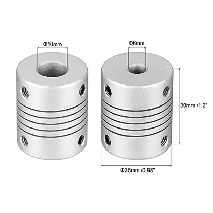 uxcell 10mm to 6mm Aluminum Alloy Shaft Coupling Flexible Coupler Motor Connector Joint L30xD25 Silver 2Pcs - size: 10mm to 6mm