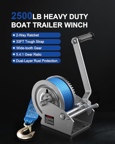 2500lb Boat Trailer Winch with Strap, Heavy Duty Hand Winch for Boat