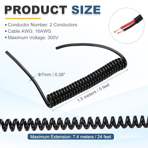 MECCANIXITY 5ft 16AWG Retractable Coiled Coil Cord 300V 105℃ 2 Conductor - size: 5ft x 16AWG, 2 Conductor
