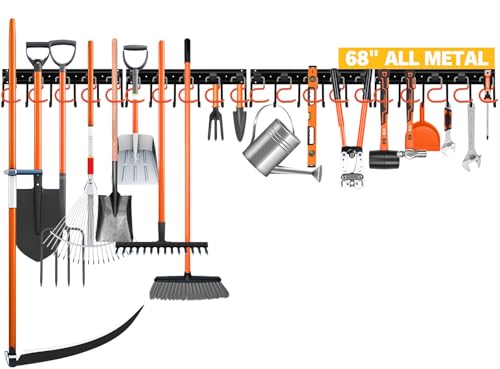 ELEAD 68'' All Metal Adjustable Garden Tool Organizer: Garage Tool Organizer Wall Mount with Orange Hooks, Garage Organizers and Storage, Tool Hangers for Shed - color: 68-Inch Orange