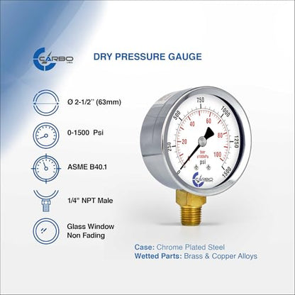 2-1/2" Pressure Gauge, Chrome Plated Steel Case, Dry, 0-1500 psi/kPa, Lower Mount 1/4" NPT - style: 0-1500 psi