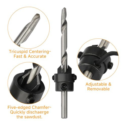 Hoteche 7-Piece Countersink Drill Bit Set, Carbon Steel with 7 Sizes (#5-#12), Hex Wrench, Wooden Box Packaging