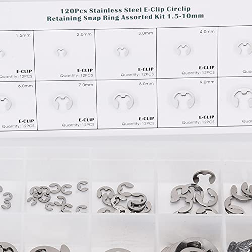 120PCS E Clip Washer, 1.5mm‑10mm Stainless Steel External Retaining Ring, E Clips Assortment Kit | Circlip Assortment Kit for Indoor Outdoor