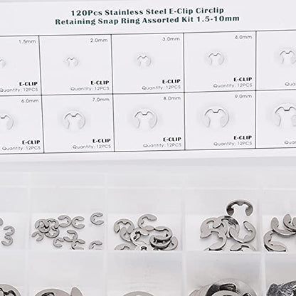 120PCS E Clip Washer, 1.5mm‑10mm Stainless Steel External Retaining Ring, E Clips Assortment Kit | Circlip Assortment Kit for Indoor Outdoor