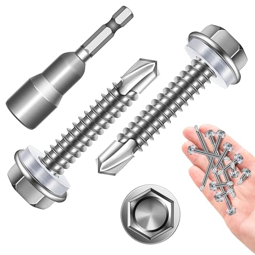 Self Tapping Screws for Metal 50Pcs #12 x 1-1/4", 410 Stainless Steel Hex Head Sheet Metal Screws, Self Drilling Screws for Metal, High-Strength Quick Self-Tapping Screws by Marysino - color: Silver (#12), size: 1-1/4"