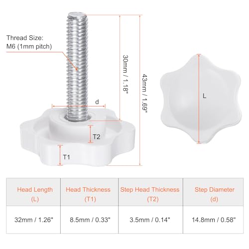 HARFINGTON 10pcs Star Knobs M6 x 30mm Male Thread 32mm Plastic 6-Point Head Stud Knob Hand Tightening Clamping Screw Replacement Threaded Handle, White - size: M6 x 30mm