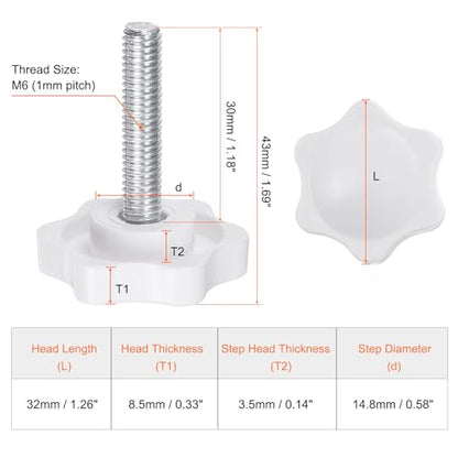 HARFINGTON 10pcs Star Knobs M6 x 30mm Male Thread 32mm Plastic 6-Point Head Stud Knob Hand Tightening Clamping Screw Replacement Threaded Handle, White - size: M6 x 30mm