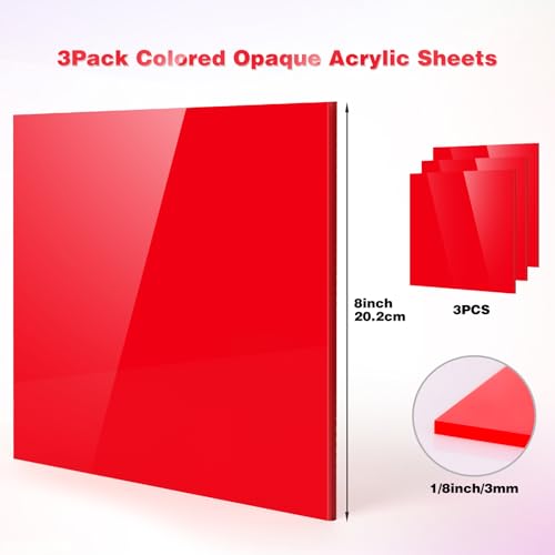 Adrattnay Red Acrylic Panels 1/8" Thick, 3Pcs 8 x 8" Opaque Sheets for Laser Cutting & Engraving - color: Red