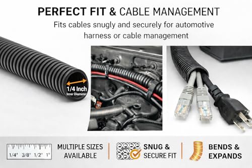 567ITG 1/4" x 100ft Split Wire Loom Tubing Black Plastic Convoluted Conduit - size: 100 FT 1/4 Loom