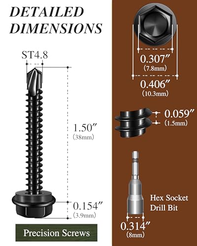 50PCS #10 x 1-1/2" Self Drilling Screws, Black Self Tapping Screws for Metal, 410 Stainless Steel Hex Washer Head Sheet Metal Screw, Quick Tapping with 8mm Hex Socket - color: Black, size: #10 x 1-1/2"