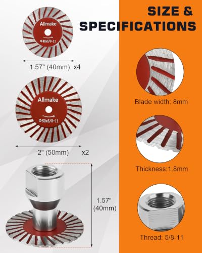 7-Piece 40mm 50mm Mini Diamond Saw Blade Set for 5/8-11 Angle Grinders