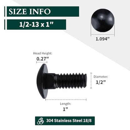 1/2-13 x 1 (8 Sets) Carriage Bolts Black, 304 (18/8) Stainless Steel Carriage Screws with Hex Nuts and Flat Washers, Square Neck Round Dome Head, Coarse Thread - size: 1/2-13 x 1"