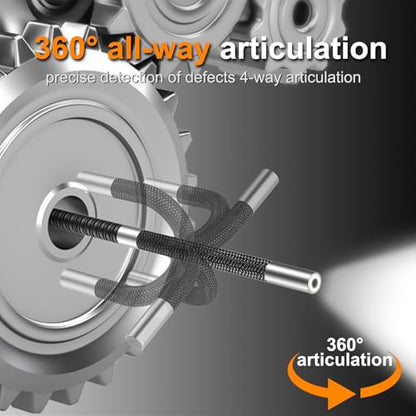 360° Articulating Borescope with 0.25 in Slim Probe, 5" HD 4-Ways Industrial Endoscope Camera with Light, Articulated Flexible Snake Camera for Plumbing & Machinery Inspection