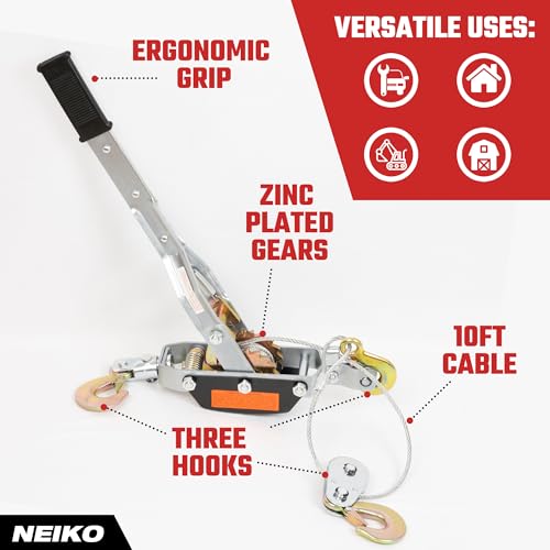 NEIKO 02254A Come Along Winch, 4-Ton (8,000lbs) Pulling Capacity, 9.8Ft, 3 Hook, Heavy Duty Power Cable Come Along Tool with Dual Gears, Hand Winch Cable, Automotive Hoist Winch Puller, Recovery Gear - size: 4 Ton