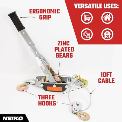 NEIKO 02254A Come Along Winch, 4-Ton (8,000lbs) Pulling Capacity, 9.8Ft, 3 Hook, Heavy Duty Power Cable Come Along Tool with Dual Gears, Hand Winch Cable, Automotive Hoist Winch Puller, Recovery Gear - size: 4 Ton
