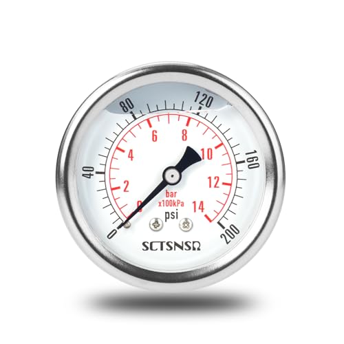 0-200 Psi Pressure Gauge, Liquid Filled, 1/4" NPT Back Mount - size: 0-200 Psi, style: Back Mount