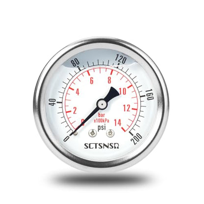 0-200 Psi Pressure Gauge, Liquid Filled, 1/4" NPT Back Mount - size: 0-200 Psi, style: Back Mount