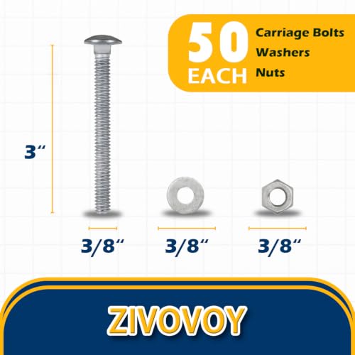 3/8" x 3" Hot Dip Galvanized Grade 307A Carriage Bolt Kit, 50 Pack, Comes with 3/8" USS Flat Washers & 3/8"-16 Hex Nuts, Heavy Duty Exterior Construction Use - size: 3/8"x3"