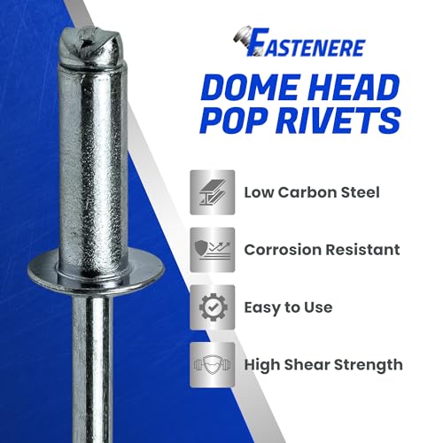 Fastenere Pop Rivets - 1/8" x 3/8" (100 pcs) Heavy Duty, Open-End, Low Carbon Steel, Dome-Head Blind Rivets, Corrosion-Resistant & High Shear Strength, 4-6 Gap 0.313"-0.375" - size: 1/8" x 3/8" (4-6) (100 Pack)