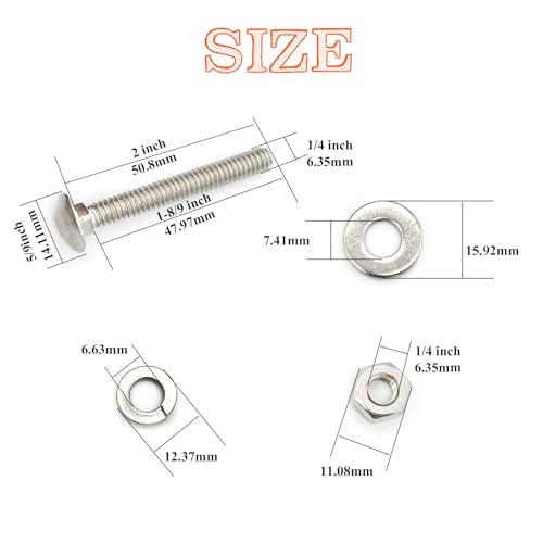 10 Sets 1/4"-20 x2 Carriage Bolts Round Head Square Neck Screws with Hex Nuts Flat Washers Spring Lock Washers 304 Stainless Steel Full Thread Coverage Square Neck Bolts Assortment Kit - size: 1/4"-20 x2"-10 Sets