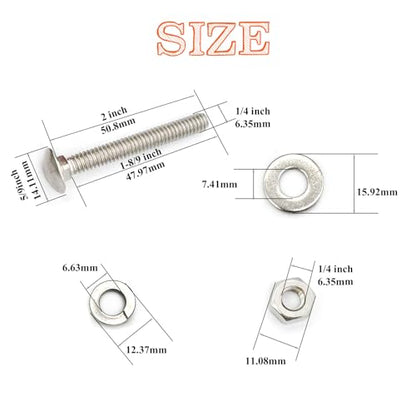 10 Sets 1/4"-20 x2 Carriage Bolts Round Head Square Neck Screws with Hex Nuts Flat Washers Spring Lock Washers 304 Stainless Steel Full Thread Coverage Square Neck Bolts Assortment Kit - size: 1/4"-20 x2"-10 Sets