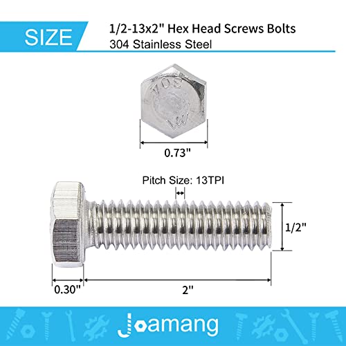 1/2-13 x 2 Hex Head Bolts, Stainless Steel 304, Hexagon Head Screws, UNC Coarse Thread, Bright Finish, Fully Threaded, Quantity 4 - size: 1/2-13 x 2"(4 PCS)