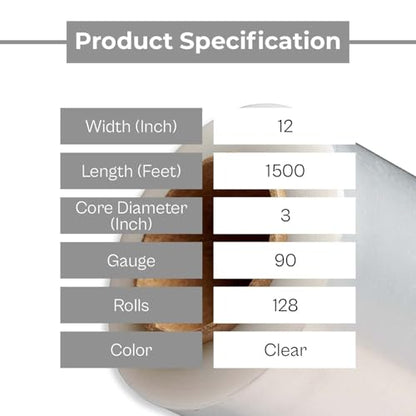 PSBM Stretch Wrap, 128 Rolls 12 Inch x 1500 Feet 90 Gauge Heavy Duty up to 800% Ultimate Stretch Clear Plastic Wrap Industrial Strength Shrink Film for Moving, Packing & Shipping - size: 128 Pack, style: 90 Gauge