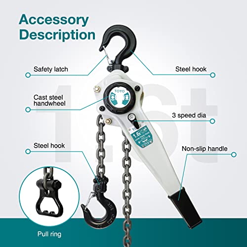TOYO Lever Chain Hoist 3500Lbs 10ft,Chain Come Along 1.6T 10Ft Ratchet Chain Puller Hoist Alloy Steel G80 Chain 2 Heavy Duty Hooks for Building Warehouse Automotive Garages Machinery (3500LB 10FT) - size: 3500Lb 10Ft