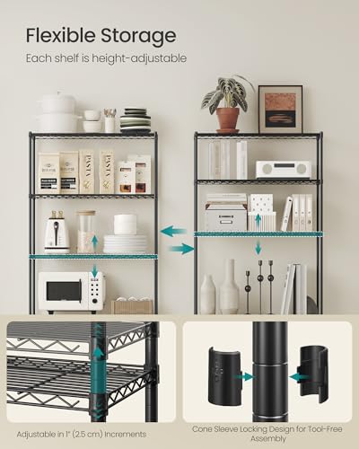 SONGMICS 5-Tier Storage Shelves, Adjustable Wire Shelving Unit, 8 Hooks - color: Ink Black, size: 5 Tiers (11.8"D x 23.6"W)