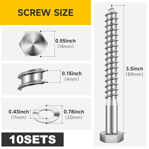 Mywish (10Sets) 3/8" x 3-1/2" Hex Head Lag Bolts, Heavy Duty Lag Screws with Washers, 304 Stainless Steel Bolts 18-8, Lag Screws Wood Screws, Partial Thread Bright Finish, 3/8 Bolt - size: 3/8 x 3-1/2" (10 set)
