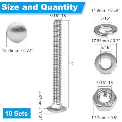 10 Sets 5/16-18 x 3" Carriage Bolts Screws, 304 Stainless Steel - size: 5/16-18 x 3"