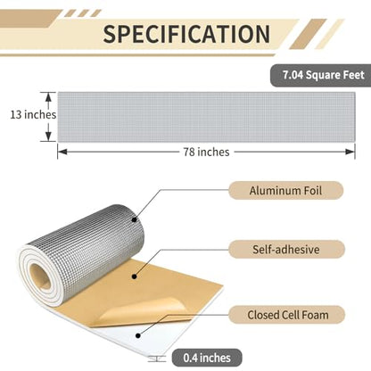 TroyStudio Sound Proof PEF Closed Cell Foam with Aluminum Foil, Self-Adhesive 13" x 78" Heat Shield White Foam Sheet - Waterproof Noise Vibration Thermal Insulation Roll for Home, HVAC and Car - color: White, PEF Foam, size: 13" x 78" x 0.4"