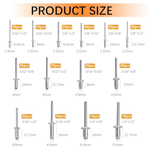 500pcs Pop Rivets Assortment Kit,14 Sizes Aluminum Rivets,Blind Rivets set,including 3/32" 1/8" 5/32" 3/16",metal Dome Head rivets Assortment kit with labels Storage boxes (Silver) - color: Silver