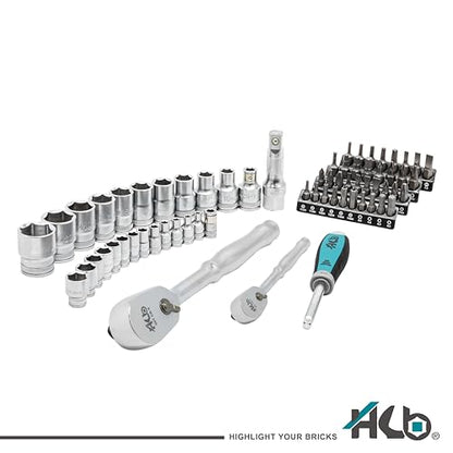 HB 65-Piece Socket Set, Dual 1/4" & 1/2" Sealed Head Ratchets & Rack - size: 65-Piece 1/4" & 1/2" Drive