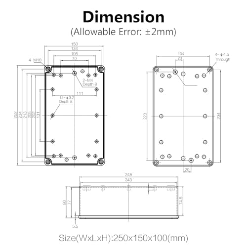 LeMotech Junction Box IP67 Waterproof Dustproof ABS Plastic Project Box for Electrical Outdoor Enclosure Gray 9.8 x 5.9 x 3.9 inch (250 x 150 x 100 mm) - size: 9.8" x 5.9" x 3.9" (1pc)