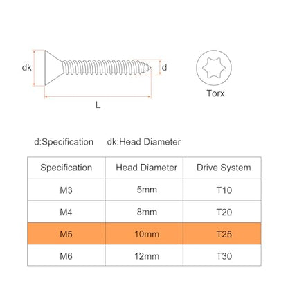 uxcell 40Pcs Flat Head Torx Screws, M5 x 16mm 304 Stainless Steel Countersunk Self Tapping Anti-Theft Wood Screws Tamper Resistant Screws Fit T25 Bit for Wood, Fence, Decking (Silver) - size: M5 x 16mm