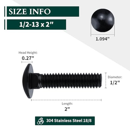 1/2-13 x 2 (6 Sets) Carriage Bolts Black, 304 (18/8) Stainless Steel Carriage Screws with Hex Nuts and Flat Washers, Square Neck Round Dome Head, Coarse Thread - size: 1/2-13 x 2"