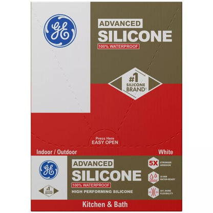 GE Advanced Silicone Caulk for Kitchen & Bathroom, White, 2.8 fl oz Tube, 12 Pack - 100% Waterproof Silicone Sealant, 5X Stronger Adhesion, Shrink & Crack Proof - size: 2.8 fl oz (12 Pack), style: White