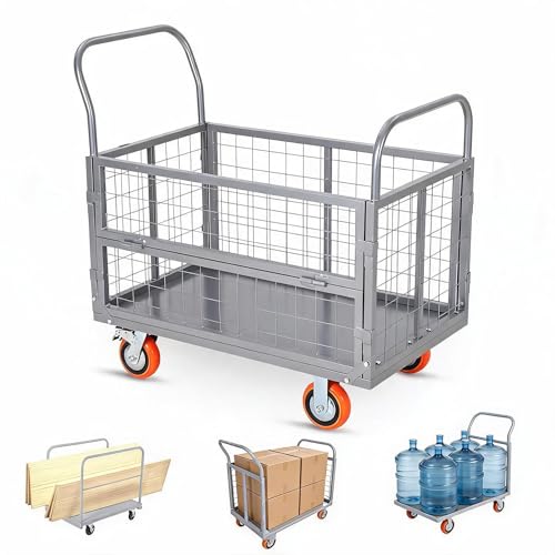 6-in-1 Folding Flatbed Dolly, 1800lbs Heavy Duty Platform Cart with Cage - color: Silver