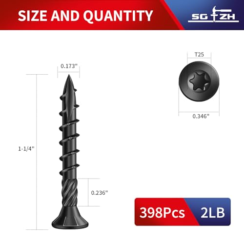 #8 x 1-1/4" Deck Screws (398Pcs) 2lb. Carbon Steel, Black, Flat Head, Rust Resistant epoxy Coated, with T25 Star Bit - color: Black, size: #8 x 1-1/4"
